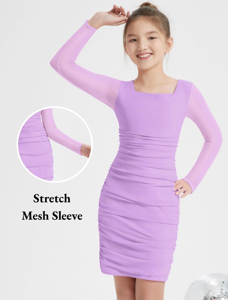 EXARUS Girls Formal Long Sleeve Bodycon Dress Teen Tween Party Holiday Dance Prom Ruched Short Fitted Purple 12 Years - Image 5