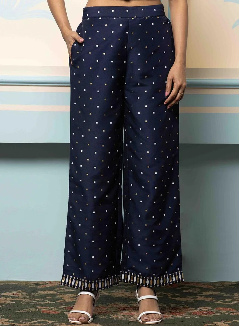 ISHIN Women's Navy Blue Polyester Blend Embellished Tunic Full Length Palazzo Straight Fit Kurta Set