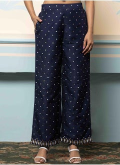 ISHIN Women's Navy Blue Polyester Blend Embellished Tunic Full Length Palazzo Straight Fit Kurta Set  - Image 3