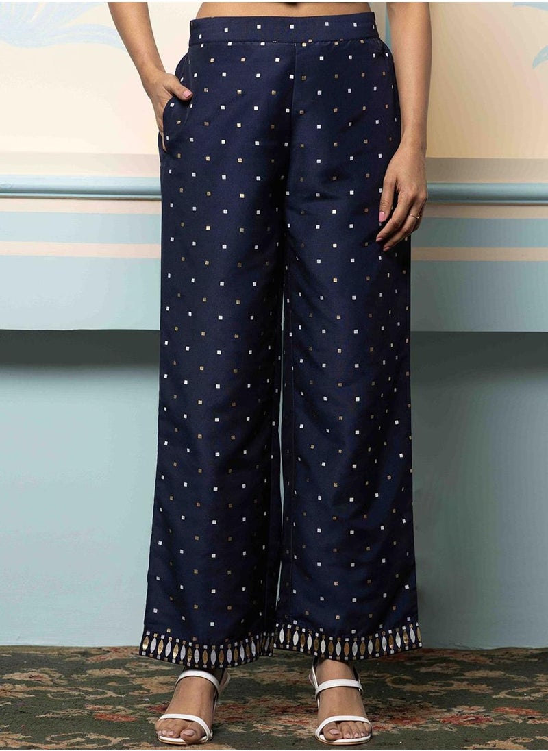 ISHIN Women's Navy Blue Polyester Blend Embellished Tunic Full Length Palazzo Straight Fit Kurta Set  - Image 3