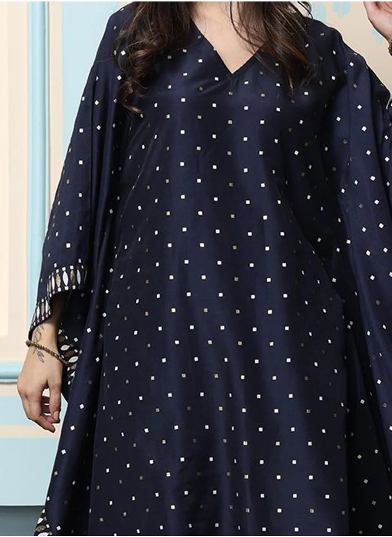 آي شين Women's Navy Blue Polyester Blend Embellished Tunic Full Length Palazzo Straight Fit Kurta Set