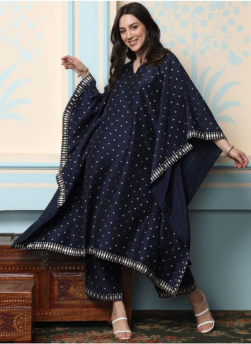 آي شين Women's Navy Blue Polyester Blend Embellished Tunic Full Length Palazzo Straight Fit Kurta Set