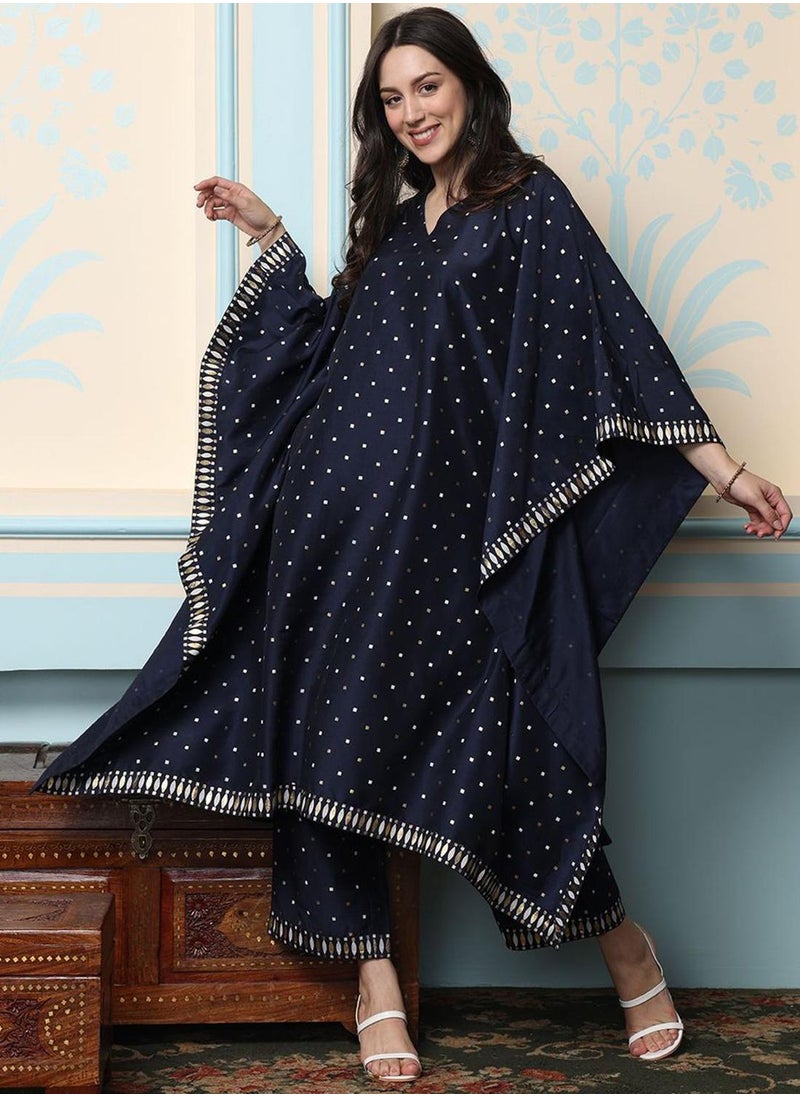 ISHIN Women's Navy Blue Polyester Blend Embellished Tunic Full Length Palazzo Straight Fit Kurta Set  - Image 1