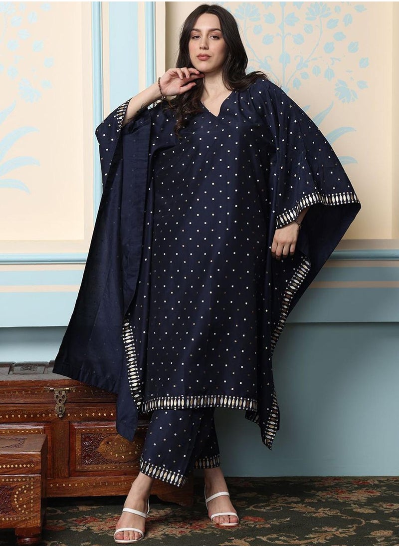 ISHIN Women's Navy Blue Polyester Blend Embellished Tunic Full Length Palazzo Straight Fit Kurta Set  - Image 5