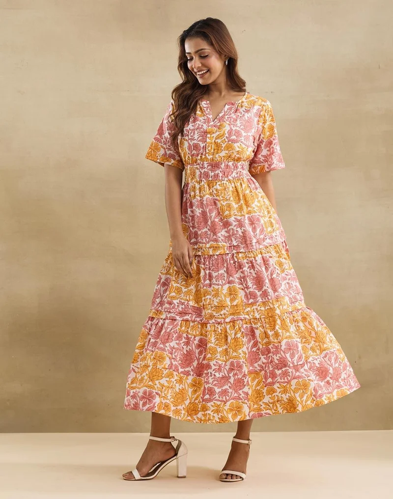 Fabindia  White Cotton Hand Block Printed Blush Tiered Maxi for Women | Best Price UAE