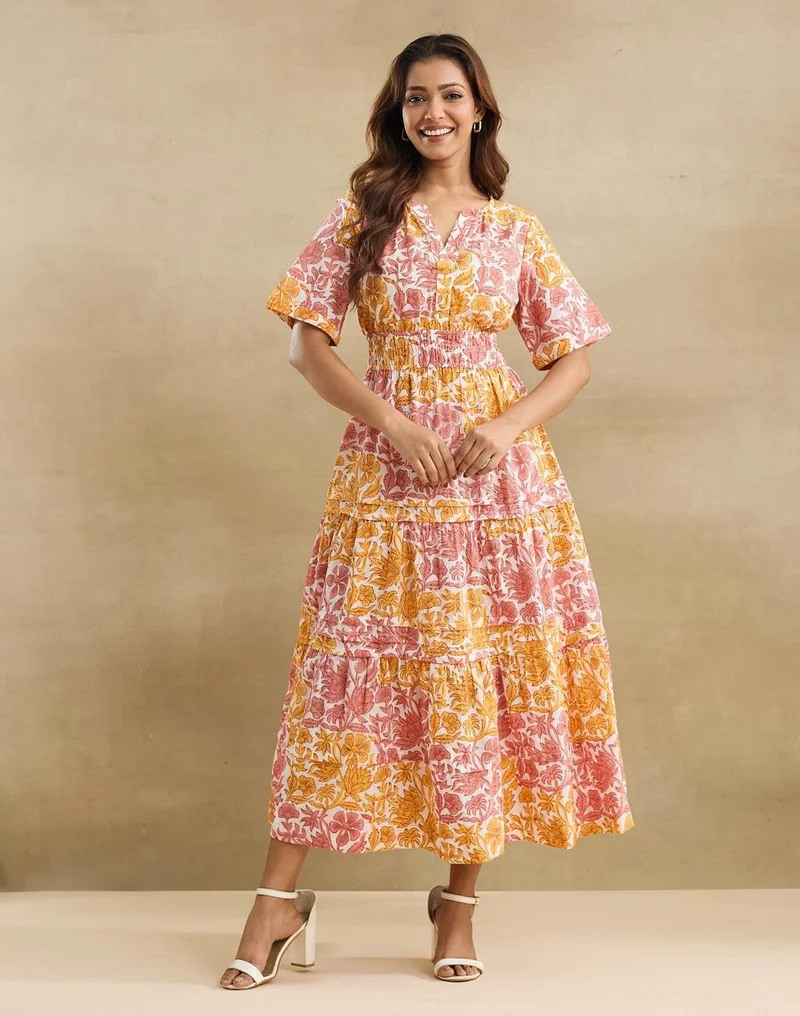 فاب انديا White Cotton Hand Block Printed Blush Tiered Maxi