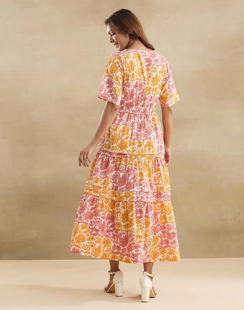 Fabindia  White Cotton Hand Block Printed Blush Tiered Maxi for Women | Best Price UAE