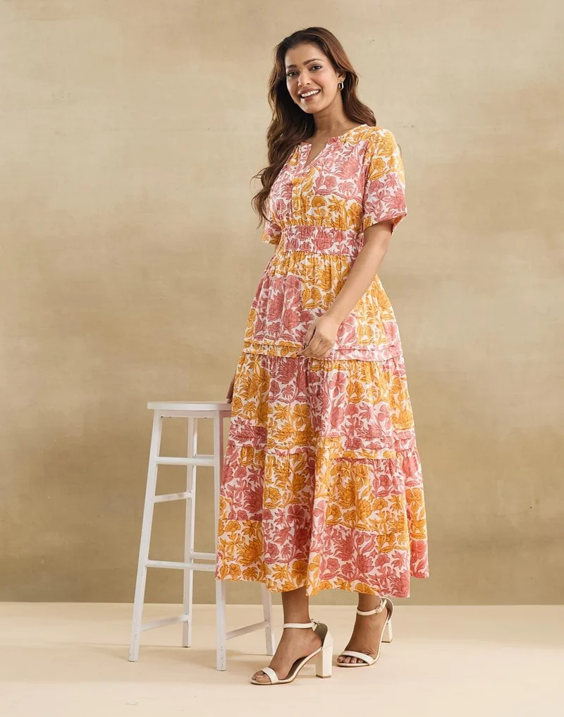 White Cotton Hand Block Printed Blush Tiered Maxi