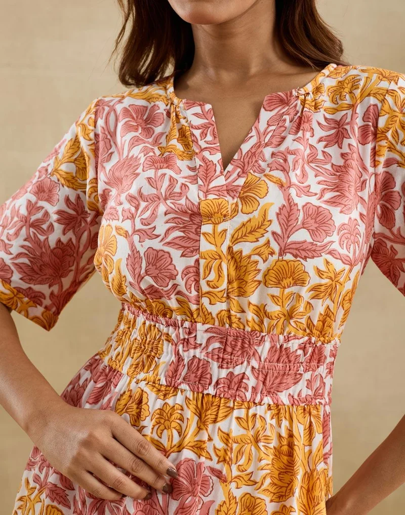 Fabindia  White Cotton Hand Block Printed Blush Tiered Maxi for Women | Best Price UAE