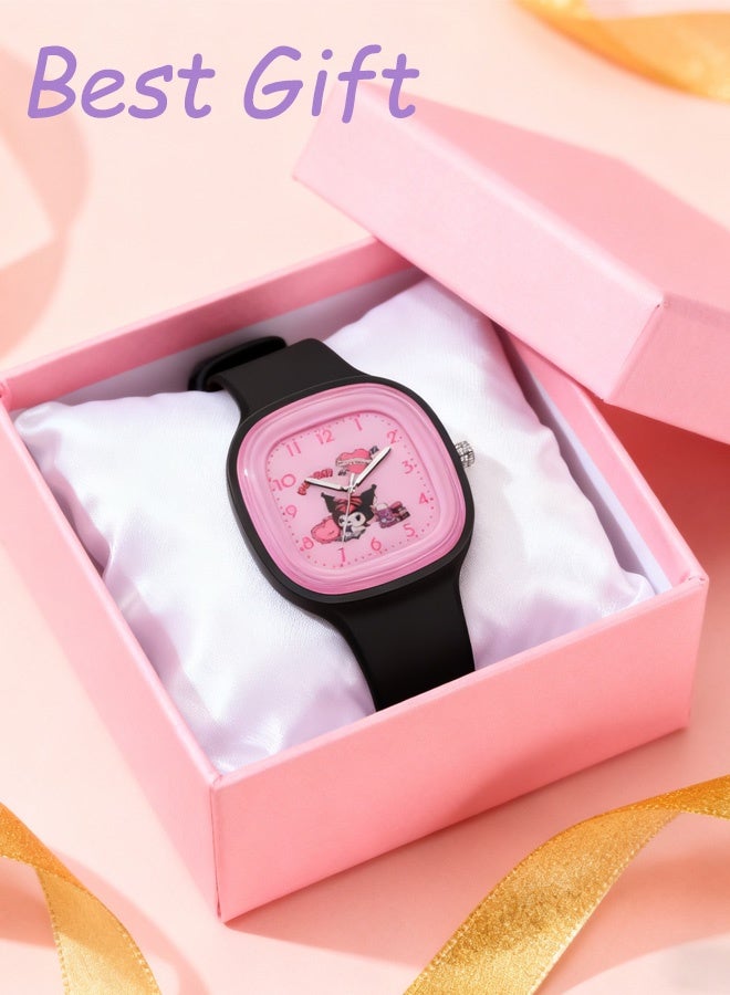 طقس مربعة سوداء كرتونية بنمط كورومي من سانريو ساعة للأطفال بشرائط صلبة من السيليكون الناعم مناسبة لجميع الأعمار هدايا ساعات للأطفال للاستخدام اليومي والاستخدام في المدرسة والملابس العادية والمناسبات - Image 2