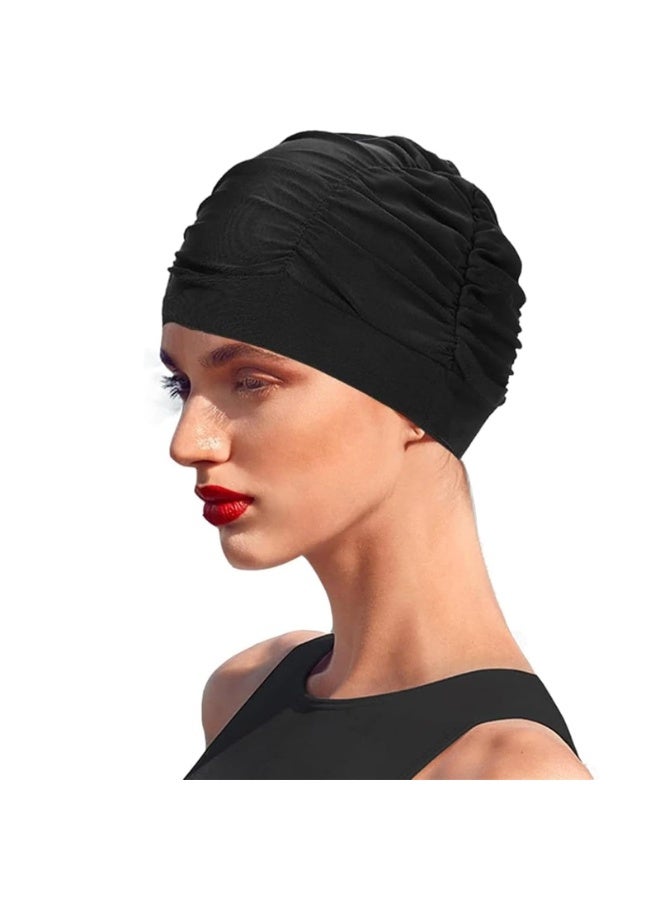 Swim Cap for Long Hair Women Turban Swim Cap, Elastic Bathing Cap Long Short Hair Pleated Turban Swimming Cap Soft Bonnet Beanie Cap Swimming Cap and Goggles for Women - Image 1