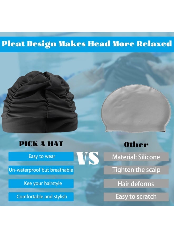 Swim Cap for Long Hair Women Turban Swim Cap, Elastic Bathing Cap Long Short Hair Pleated Turban Swimming Cap Soft Bonnet Beanie Cap Swimming Cap and Goggles for Women - Image 4