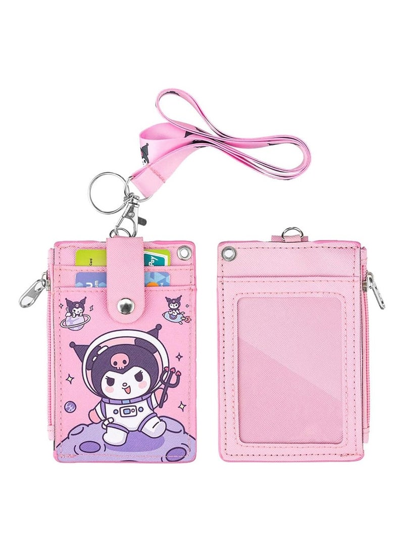 عام **حافظة بطاقة تعريف لطيفة من Kuromi مصنوعة من جلد PU مع حزام عنق وجيب بسحّاب، تحتوي على فتحات مزدوجة على الجانبين وعدد 5 فتحات لبطاقات الهوية وبطاقات الائتمان، مثالية للأولاد والبنات والرجال والنساء وموظفي المكاتب.** - Image 1