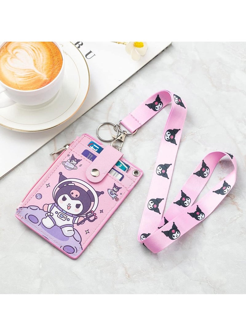 عام **حافظة بطاقة تعريف لطيفة من Kuromi مصنوعة من جلد PU مع حزام عنق وجيب بسحّاب، تحتوي على فتحات مزدوجة على الجانبين وعدد 5 فتحات لبطاقات الهوية وبطاقات الائتمان، مثالية للأولاد والبنات والرجال والنساء وموظفي المكاتب.** - Image 2