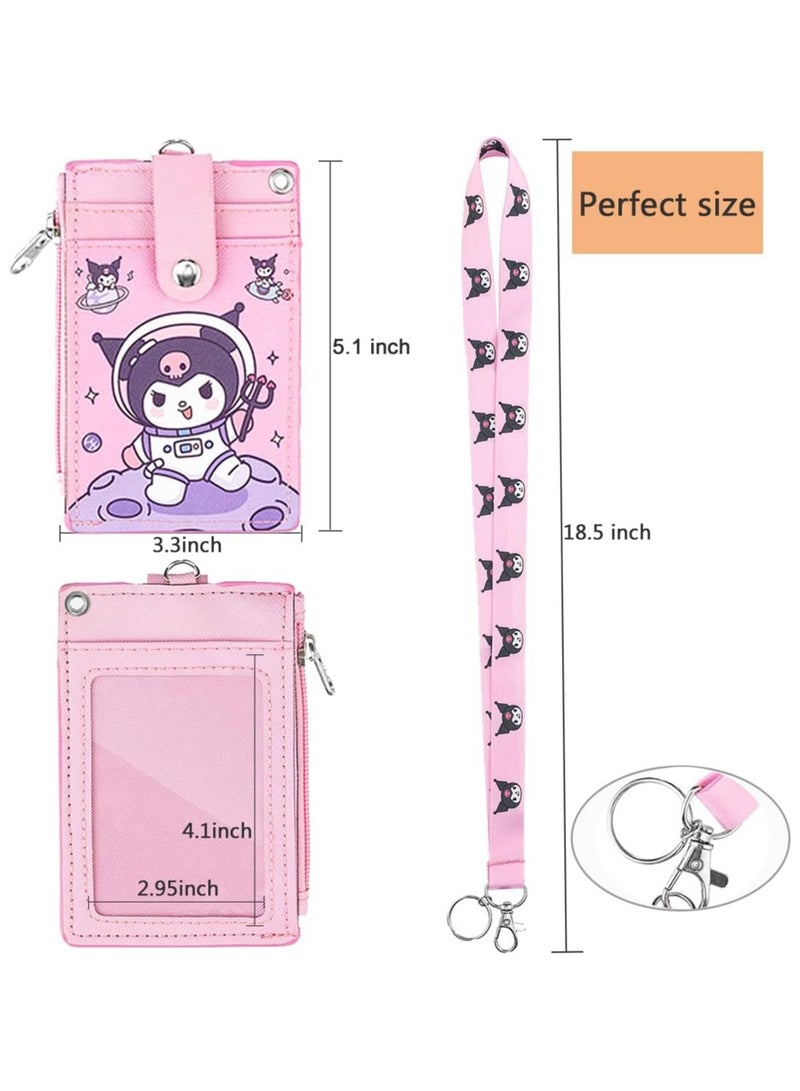 عام **حافظة بطاقة تعريف لطيفة من Kuromi مصنوعة من جلد PU مع حزام عنق وجيب بسحّاب، تحتوي على فتحات مزدوجة على الجانبين وعدد 5 فتحات لبطاقات الهوية وبطاقات الائتمان، مثالية للأولاد والبنات والرجال والنساء وموظفي المكاتب.** - Image 3