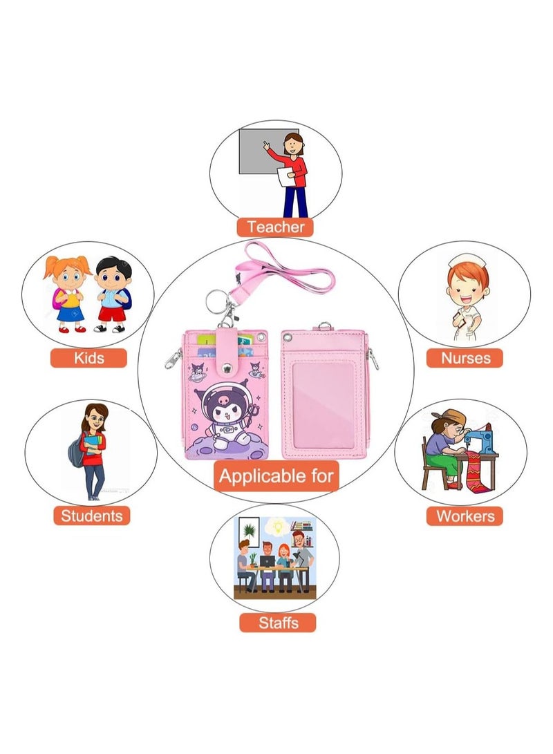 عام **حافظة بطاقة تعريف لطيفة من Kuromi مصنوعة من جلد PU مع حزام عنق وجيب بسحّاب، تحتوي على فتحات مزدوجة على الجانبين وعدد 5 فتحات لبطاقات الهوية وبطاقات الائتمان، مثالية للأولاد والبنات والرجال والنساء وموظفي المكاتب.** - Image 5