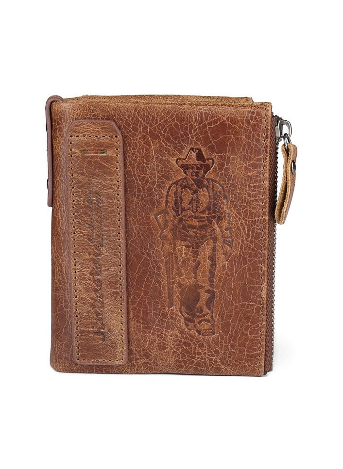 GUBINTO - Retro leather enterprise RFID men's coin purse crazy horse cowhide double zipper wallet brown - Image 1