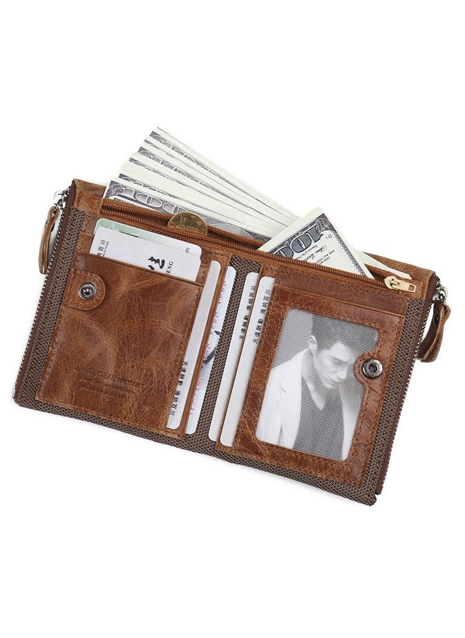 GUBINTO - Retro leather enterprise RFID men's coin purse crazy horse cowhide double zipper wallet brown - Image 1