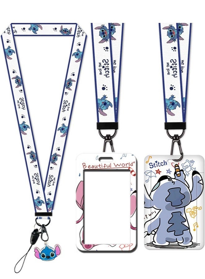 Generic 4pcs/2 sets Lilo & Stitch Neck Strap Lanyard ID Credit Card Pass Lanyard with ID Badge Holder, for Mobile Phone And U disk Neck Strap Keychain Soft Fabric Lanyard  - Image 1