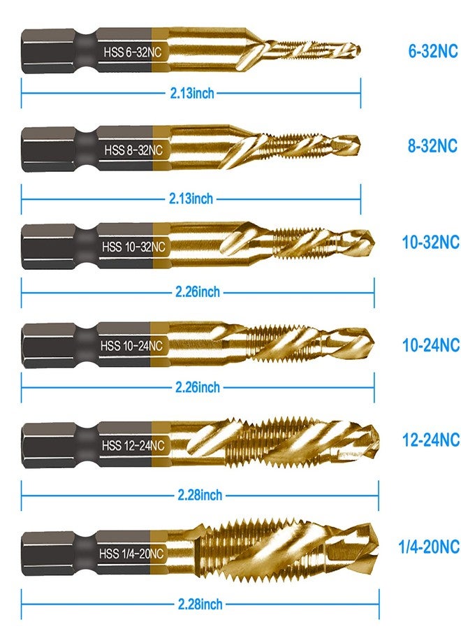 DKIBBITH 6 Packs Titanium Combination Drill & Taps Bit Set SAE 6-32nc 8-32nc 10-32nc 10-24nc 12-24nc 1/4-20nc. - Image 2