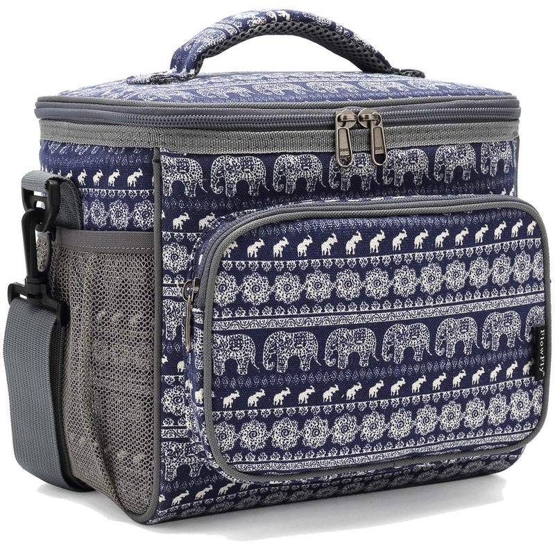 FlowFly Insulated Reusable Lunch Bag Adult Large Lunch Box for Women and Men with Adjustable Shoulder StrapFront Zipper Pocket and Dual Large Mesh Side PocketsElephant