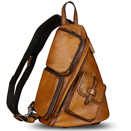 IVTG Genuine Leather Large Sling Bag for Men and Women Large Sling Backpack Purse Shoulder Crossbody Chest Bag for Ipad (Brown) - Image 1