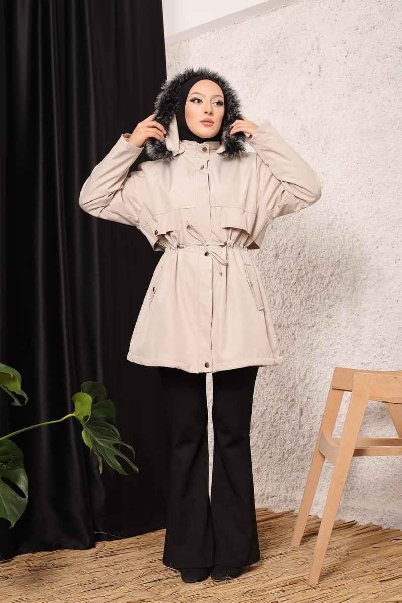 Vibeys Collection Light Beige Fur Lined and Waterproof Plus Size Oversized Women's Winter Coat & Jacket - Image 3