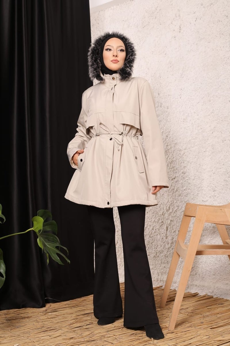 Vibeys Collection Light Beige Fur Lined and Waterproof Plus Size Oversized Women's Winter Coat & Jacket - Image 4