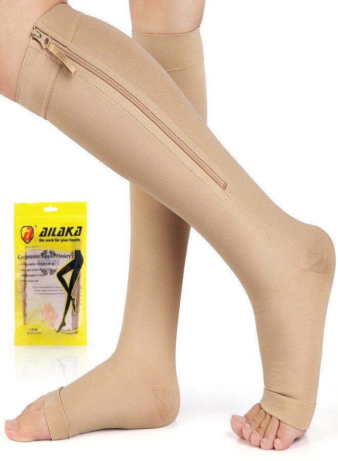Ailaka Zipper Compression Socks for Women Men, 20-30 mmHg Open Toe Compression Socks Knee High, Ted Hose Compression Stockings for Edema, Varicose Veins(Beige,XL) - Image 1
