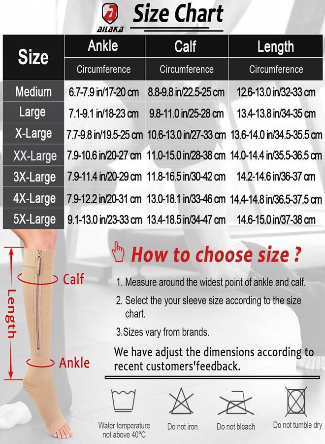 Ailaka Zipper Compression Socks for Women Men, 20-30 mmHg Open Toe Compression Socks Knee High, Ted Hose Compression Stockings for Edema, Varicose Veins(Beige,XL) - Image 3