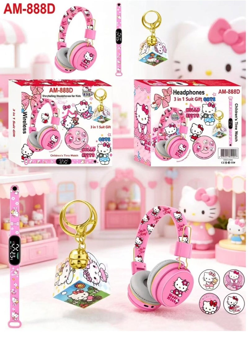 Hello Kitty Bluetooth Kids Headphones with 3-in-1 Gift Set for Children - 【Kids Bluetooth Headphones】with Digital Clock and Rotating Rubik's Cube Keychain - Model AM-888D - Pink - Image 1