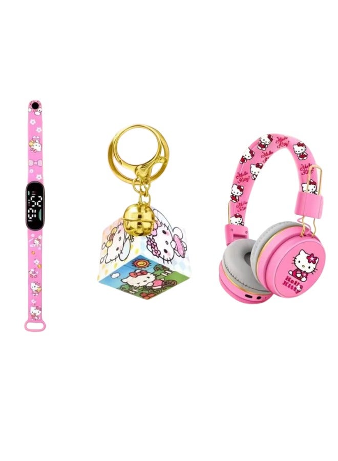 Hello Kitty Bluetooth Kids Headphones with 3-in-1 Gift Set for Children - 【Kids Bluetooth Headphones】with Digital Clock and Rotating Rubik's Cube Keychain - Model AM-888D - Pink - Image 2