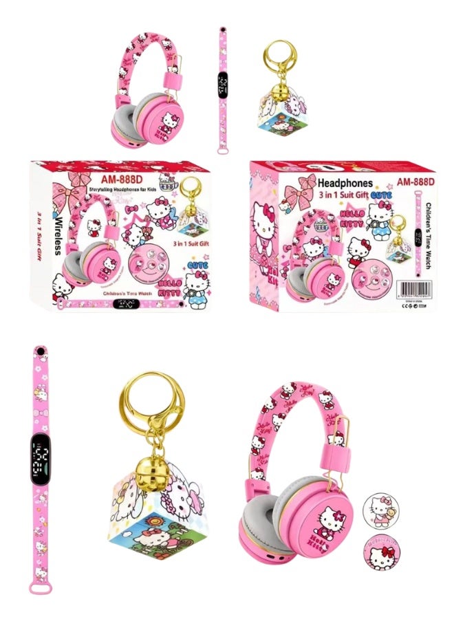 Hello Kitty Bluetooth Kids Headphones with 3-in-1 Gift Set for Children - 【Kids Bluetooth Headphones】with Digital Clock and Rotating Rubik's Cube Keychain - Model AM-888D - Pink - Image 3