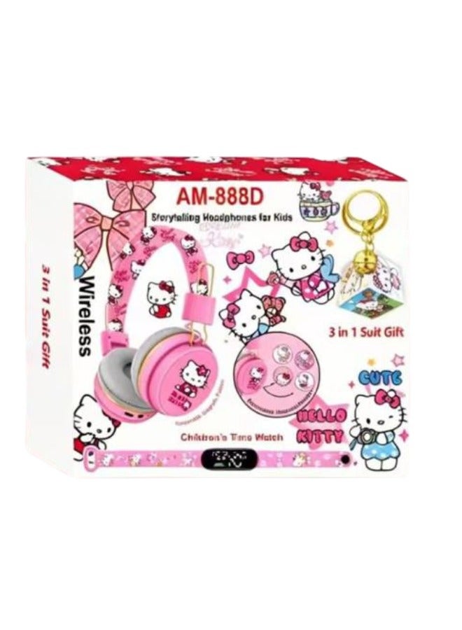 Hello Kitty Bluetooth Kids Headphones with 3-in-1 Gift Set for Children - 【Kids Bluetooth Headphones】with Digital Clock and Rotating Rubik's Cube Keychain - Model AM-888D - Pink - Image 5