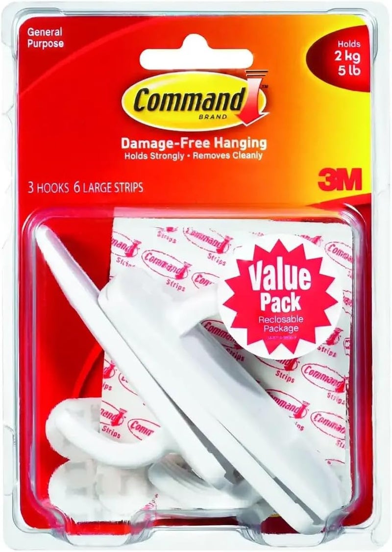 Command Large Utility Hook with Adhesive Strips - Damage-Free Hanging Solution, White, 3 Hooks and 6 Strips - Image 1