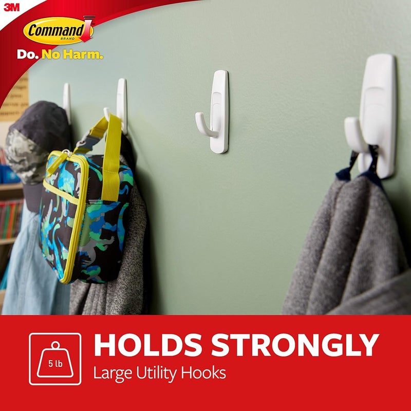 Command Large Utility Hook with Adhesive Strips - Damage-Free Hanging Solution, White, 3 Hooks and 6 Strips - Image 3