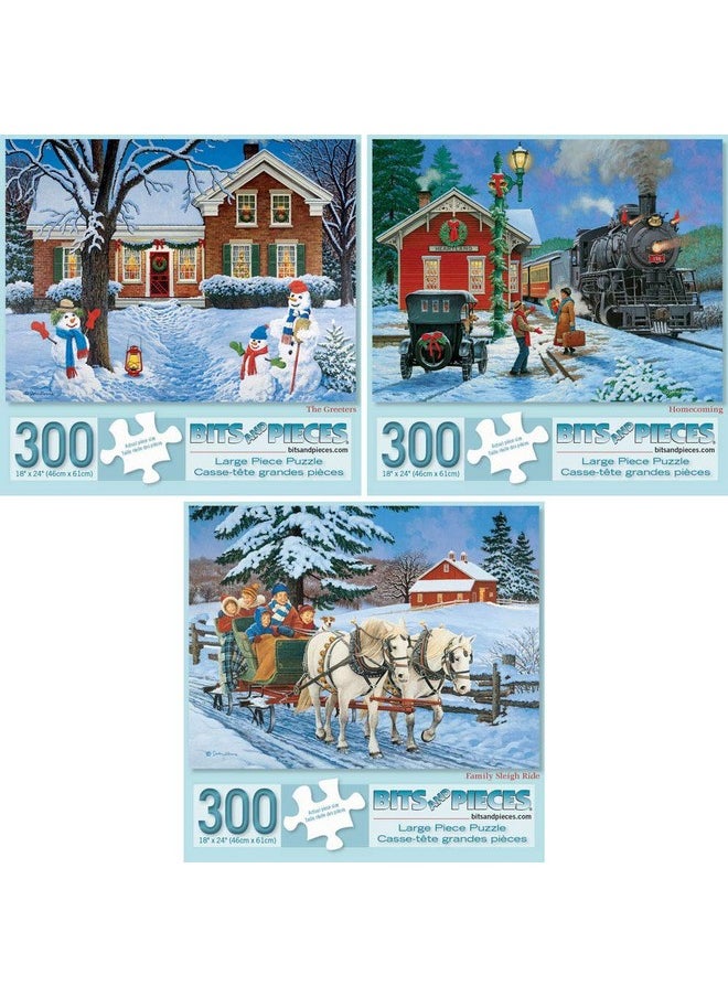 Bits and Pieces Bits and Pieces - Value Set of Three (3) 300 Piece Jigsaw Puzzles for Adults - Each Puzzle Measures 18" X 24" - 300 pc The Greeters, Homecoming, Winter Christmas Puzzle Jigsaws by Artist John Sloane  - Image 1