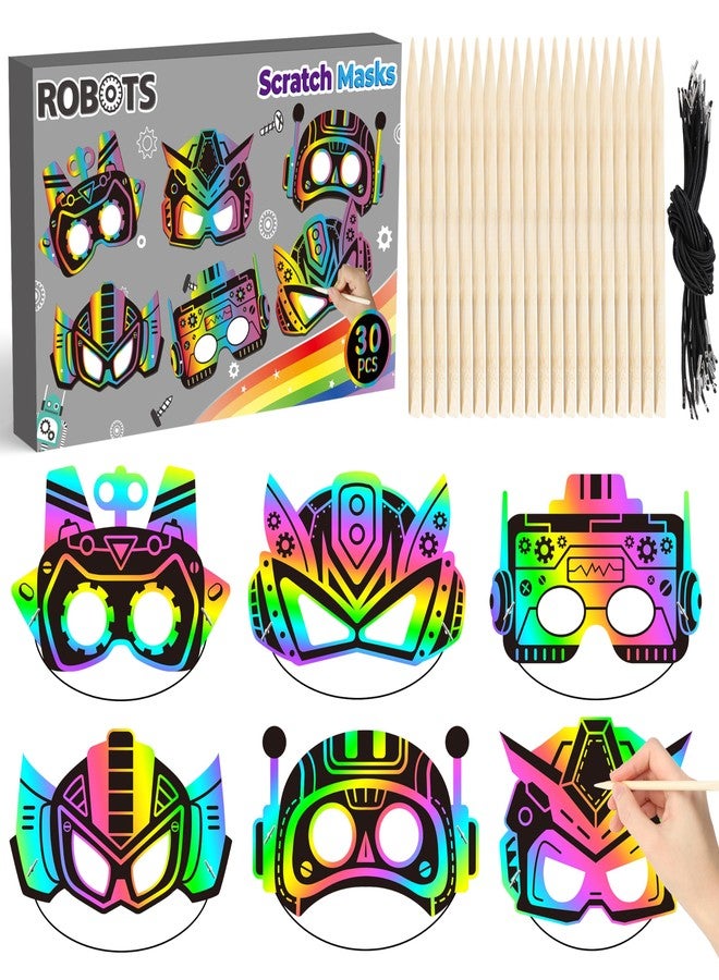 BeYumi Robot DIY Mask Craft - 30Pcs Robots Scratch Mask Gift Set for Kids Boys Magic Scratch Off Paper Art Craft Kit School Classroom Activity Art Project Birthday Dress Up Party Favors - Image 1