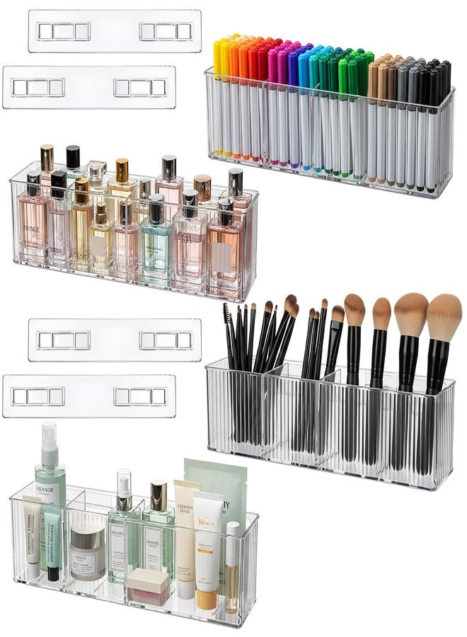 Jowgut 4 Pack Wall Mount Makeup Organizer, 14" Plastic Bathroom Storage Organizer with 3 Compartments, Clear Adhesive Shower Floating Shelf Cabinet Door Organizer for Wall Narrow Space Office - Image 1