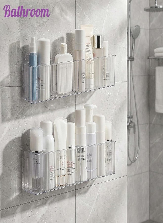 Jowgut 4 Pack Wall Mount Makeup Organizer, 14" Plastic Bathroom Storage Organizer with 3 Compartments, Clear Adhesive Shower Floating Shelf Cabinet Door Organizer for Wall Narrow Space Office - Image 2