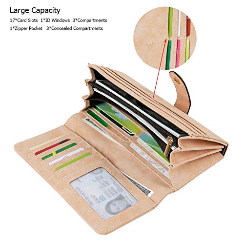 Cynure Women's Vegan Leather 17 Card Slots Card Holder Long Big Bifold Wallet,Pink - Image 2