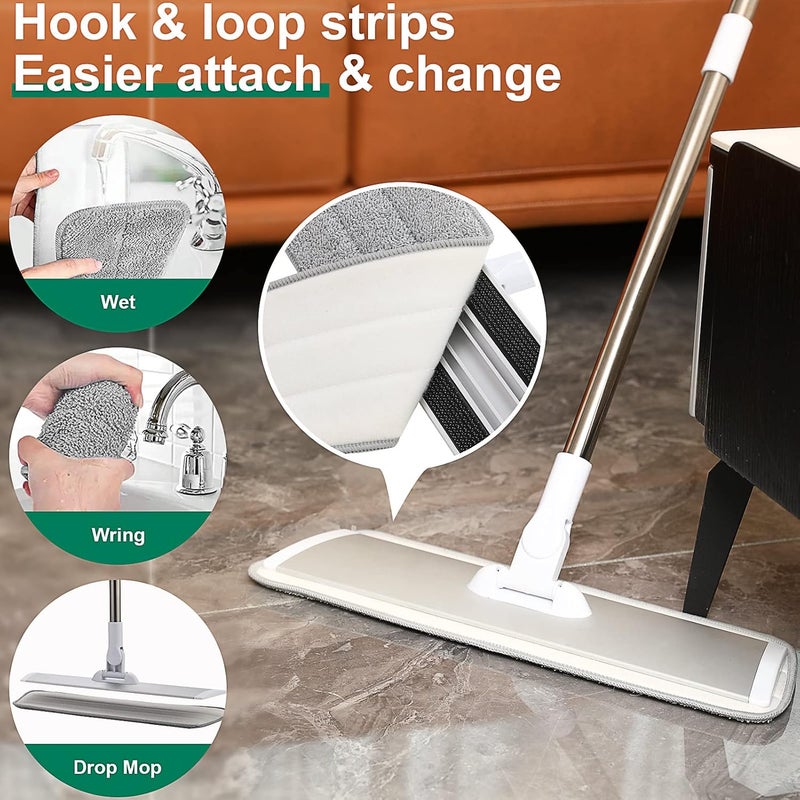 Conliwell 18" Professional Microfiber Mop Floor Cleaning System, Flat Mops with Stainless Steel Handle, 4 Reusable Washable Mop Pads, Wet and Dust Mopping for Hardwood, Vinyl, Laminate (White&Grey) - Image 2