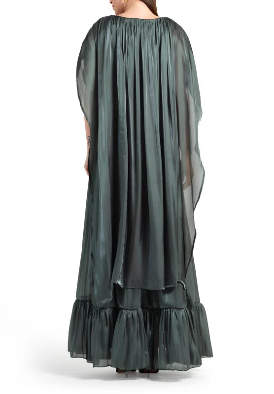 Amri Draped Jalabiya in Organza with Frill Hem and Cape Sleeve