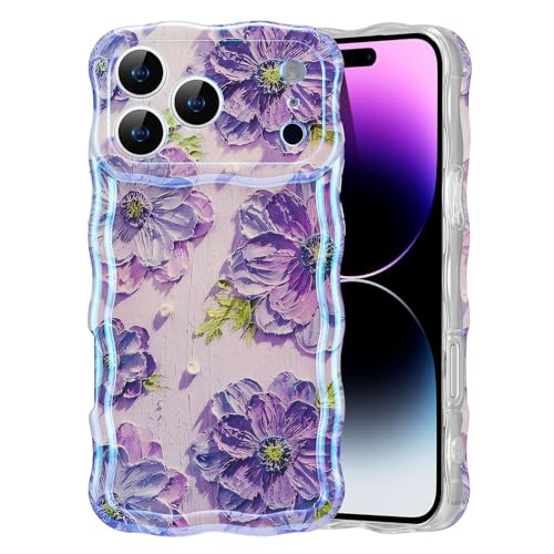 EYZUTAK Case for iPhone 17 Pro Max Colorful Retro Oil Painting Printed Flower Laser Glossy Pattern Cute Curly Wave Edge Exquisite Phone Cover Stylish Durable TPU Protective Case for Girl WomenPurple - Image 1
