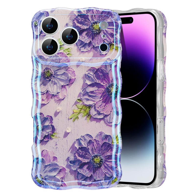 EYZUTAK Case for iPhone 17 Pro Max Colorful Retro Oil Painting Printed Flower Laser Glossy Pattern Cute Curly Wave Edge Exquisite Phone Cover Stylish Durable TPU Protective Case for Girl WomenPurple - Image 2