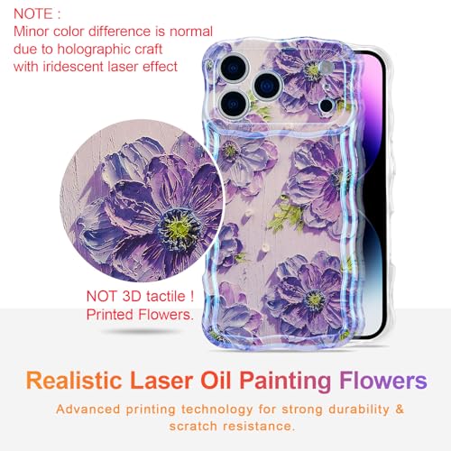 EYZUTAK Case for iPhone 17 Pro Max Colorful Retro Oil Painting Printed Flower Laser Glossy Pattern Cute Curly Wave Edge Exquisite Phone Cover Stylish Durable TPU Protective Case for Girl WomenPurple - Image 3