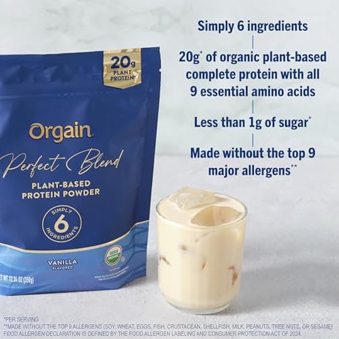 Orgain Organic Vegan Perfect Blend Protein Powder, 20g Clean Plant Protein, 6 Ingredients, <1g Sugar, Gluten Free, Non-GMO; No Artificial Flavors, Stevia Extract, Dairy or Soy Ingredients- Vanilla - Image 5