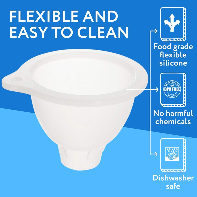 Impresa Silicone Wide Mouth Funnel - Squeeze Bottle Funnel for Thick Liquids - Flexible BPA-Free Silicone Design - Dishwasher Safe Multipurpose Tool - Clear White, 3.25" Opening, 1.25" Stem - Image 3