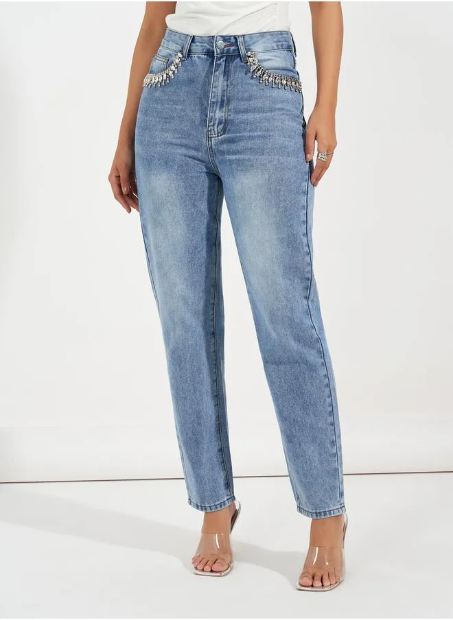 Styli Slim Fit Jeans with Rhinestone Pocket Trim Detail