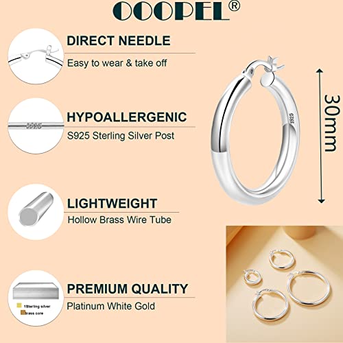 OOOPEL 4mm Thick Gold Chunky Earrings Steling Silver Post Hoops For Women Hollow Tube Hoop Hypoallergenic Lightweight Large 20/30/40/50/60MM, Sterling Silver, No Gemstone, Silver,30mm - Image 2